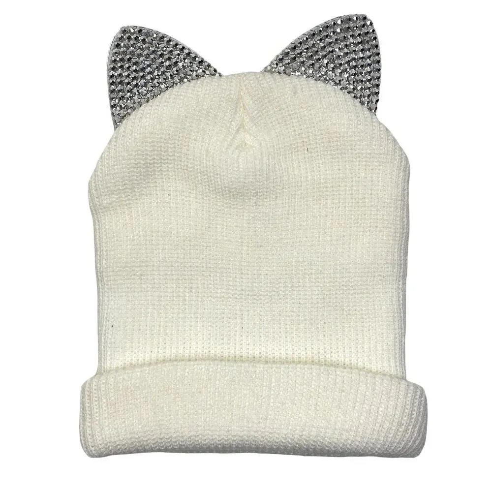 Cat Ear Beanie Rhinestone and Mirror Ears Ivory Colored OS